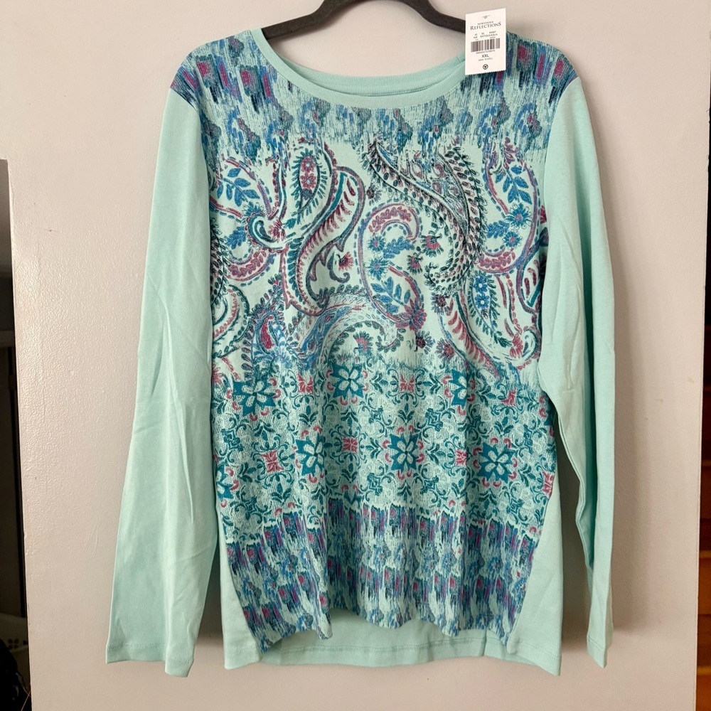 🇨🇦 🌿NWT Northern Reflections Teal and Blue Paisley Long Sleeve Top 100% Cotton